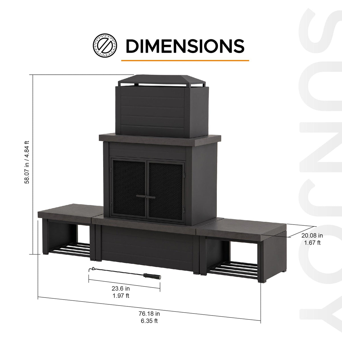 SUNJOY Outdoor Fireplace with Wood Storage and Chimney, Steel Metal Wood Burning Fire Pit with Mesh Spark Screen Door & Fire Poker, Fireplace Tool and PVC Cover, for Patio Garden Deck Backyard, Brown