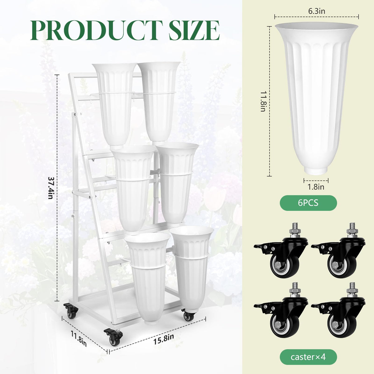 ZpigToor Flower Display Stand With 6 Buckets,Flower Bar with Wheels,Flower Cart Display Stand for Florist Garden Wedding Home Decor (White)