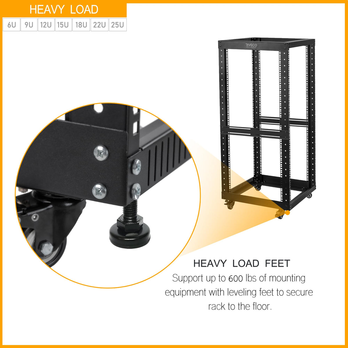 RIVECO 6U Open Frame Server Rack with Wheels- Heavy Duty 4 Post Quick Assembly 19-inch Support 600KG Equipment Home Network Cabinet Black