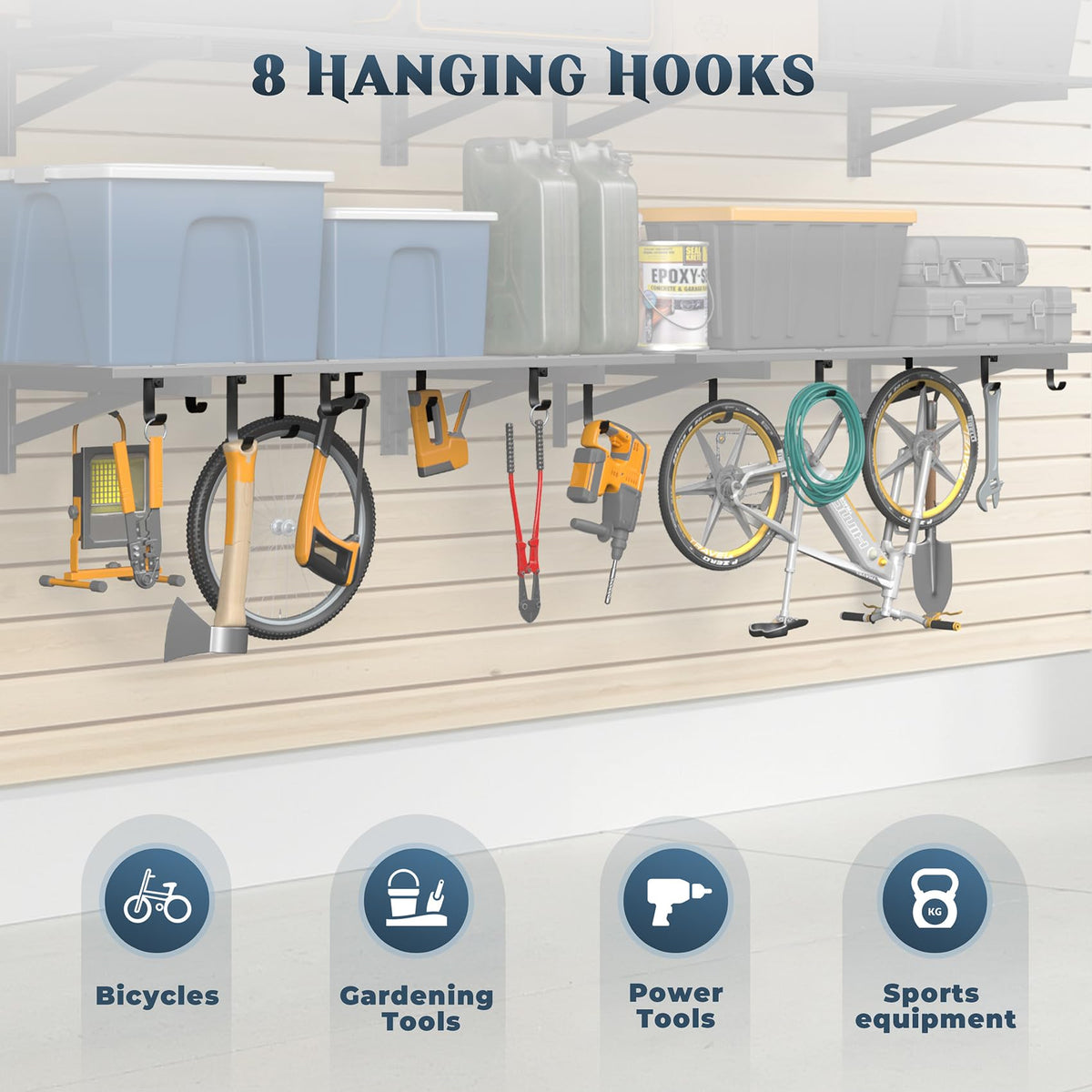 Jusgym 2-Pack 2x4ft Garage Shelving Wall Mounted, Heavy Duty Garage Wall Shelving with Hooks, 500 lbs Capacity Industrial Storage Shelves for Garage Organization