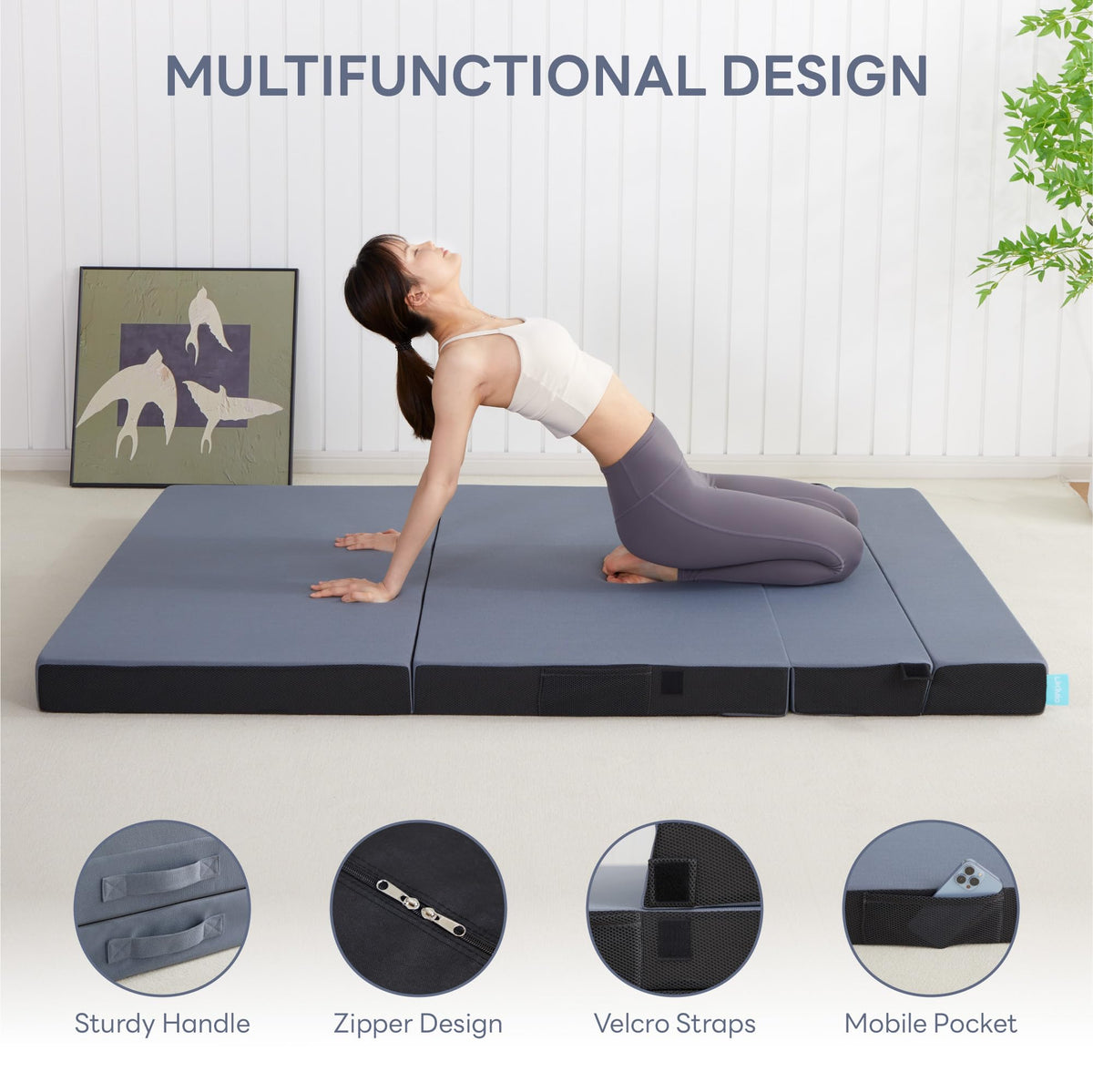 LIKIMIO Folding Mattress Queen, High Density Foam Mattress with Breathable and Washable Cover & Storage Bag, 4 Inch Foldable Mat Topper for Camping, RV and Yoga, Handle Design, Blue