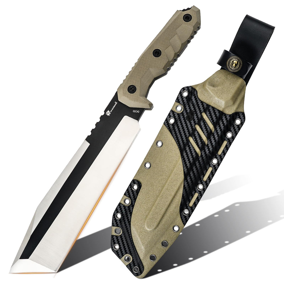 HX OUTDOORS 2-Pcs Survival Kit: 14" DC53 Steel Kukri Machete & Fixed Blade Camping Knife with Kydex Sheaths, Heavy Duty Bushcraft Tool Set for Clearing Brush, Yard Work & Camping