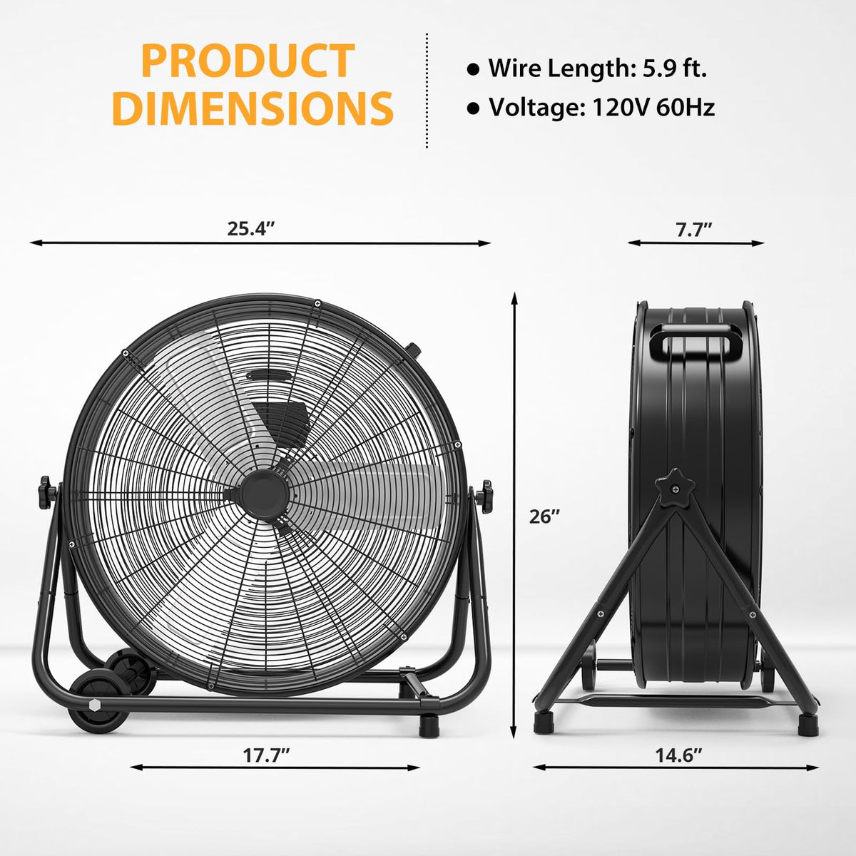 24 in High Velocity Drum Fan, Heavy Duty Industrial Fan, 8800 CFM Floor Fan, 3 Speed Garage Fan, Portable Air Circulator with 360° Tilt, Durable Metal Construction for Warehouse Workshop Jobsite