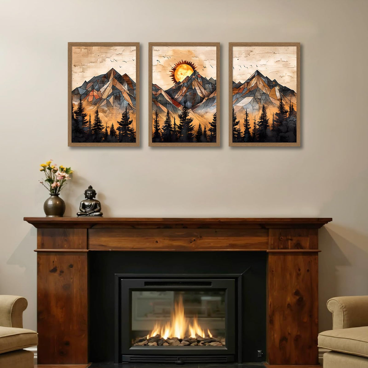 soonkiss Warm Tone Geometric Mountain Wall Art Set of 3, Abstract Sunset Forest Canvas Prints, Boho Nature Wall Decor for Living Room Bedroom Office 12x16 Inch
