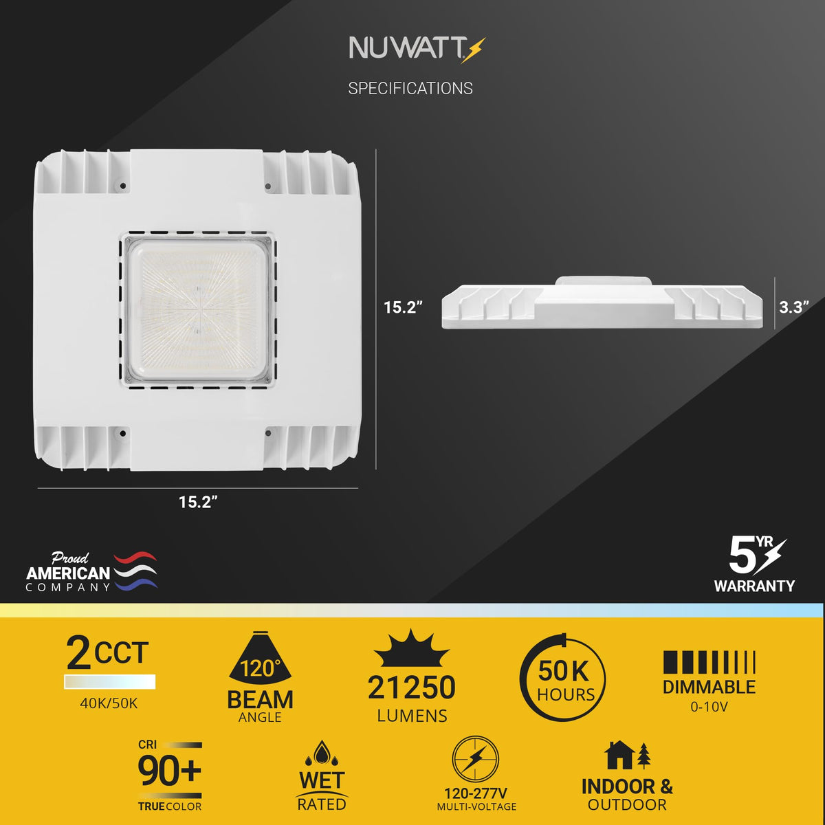 NUWATT 150W Waterproof LED Canopy Lights for Gas Station, 4000K/5000K Selectable, 21250LM, Dimmable, 120-277V, IP67 Rated, Indoor & Outdoor LED Parking Garage Lighting or Light for Carport