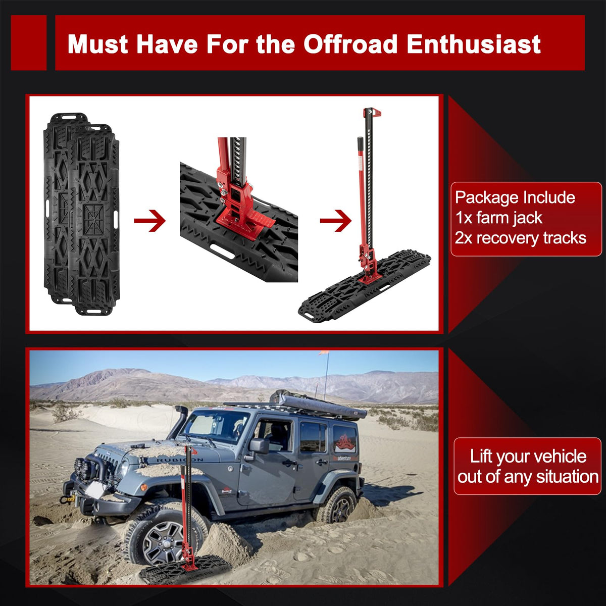 BUNKER INDUST Offroad High Lift Jack with Pair Traction Board Mate + 2Pcs Synthetic Soft Shackle Rope
