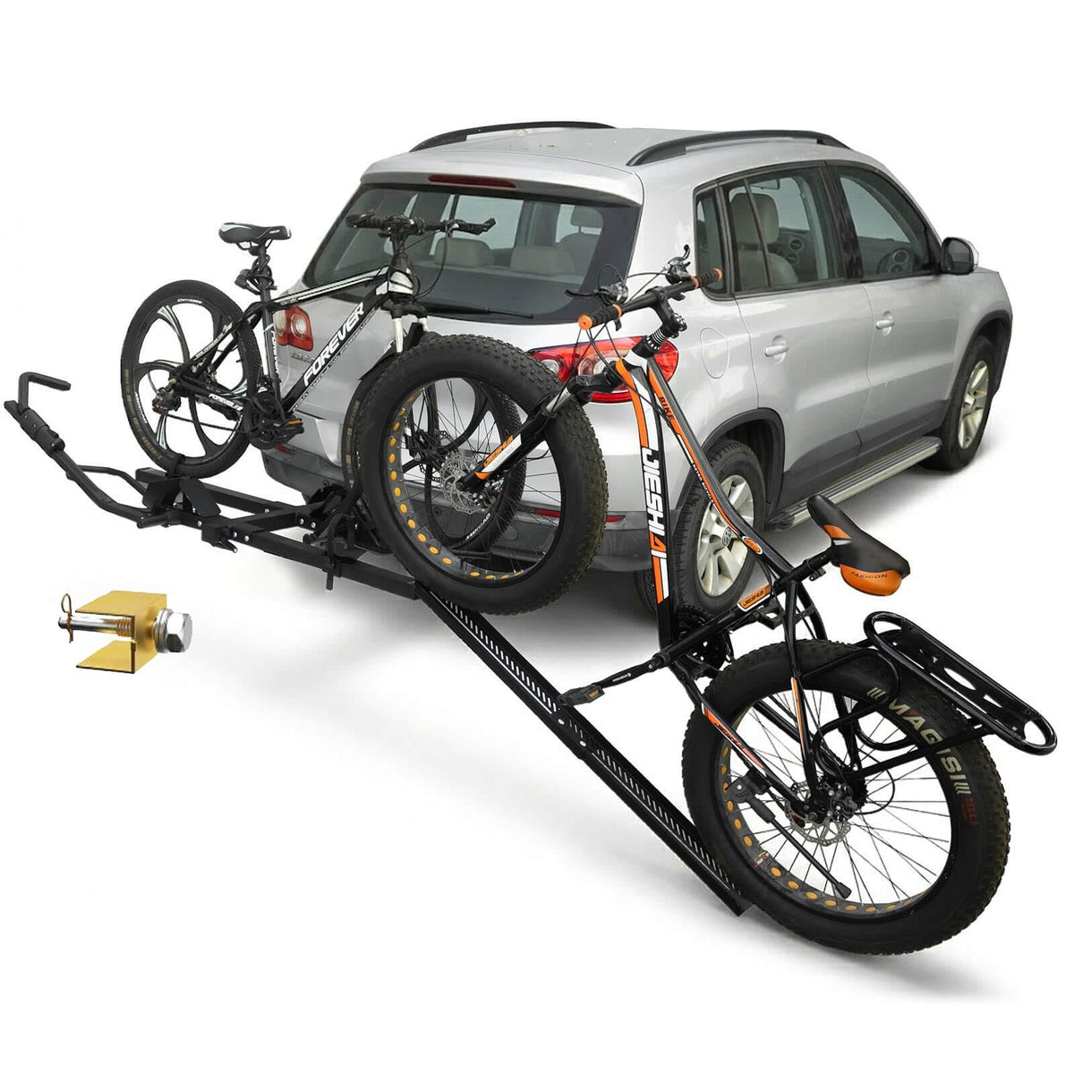 Bike Rack Hitch Mount with Ramp for 2 Bikes – Platform Ebike Rack Fits Fat Tires up to 150 lbs – Foldable & Tilt Electric Bike Rack for SUV, Truck, RV – 2 Inch Receiver