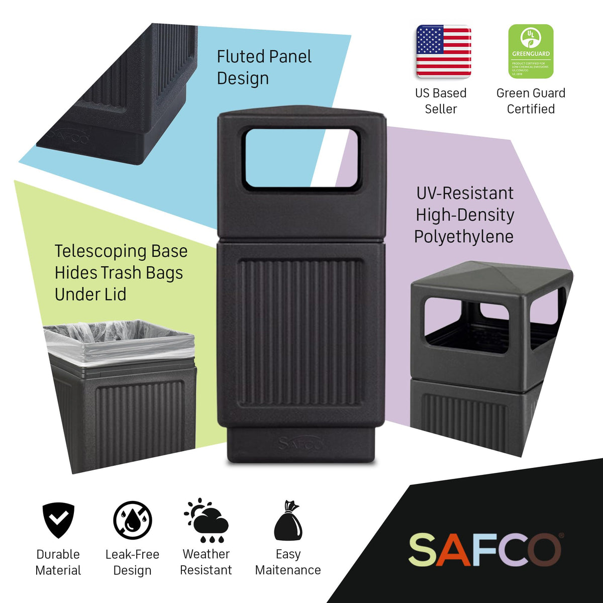 Safco Black Canmeleon Outdoor and Indoor Recessed Panel Trash Can Receptacle for Gas Stations, Shopping Outlets, and Restaurants, 38 Gallon Capacity
