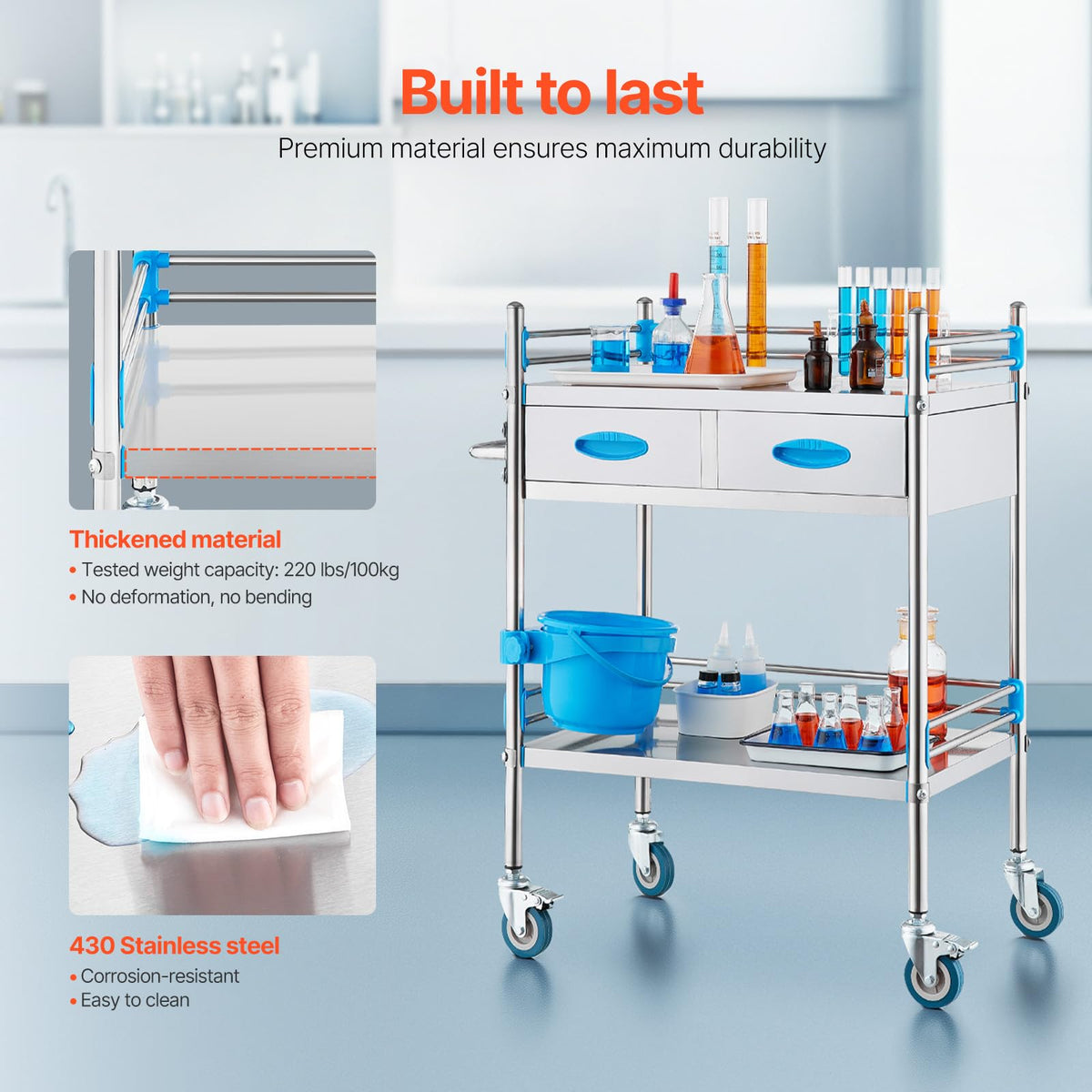VEVOR Stainless Steel Utility Cart, 2 Layers with Two Lockable Wheels, Ideal for Laboratory, Hospital, Dental Use