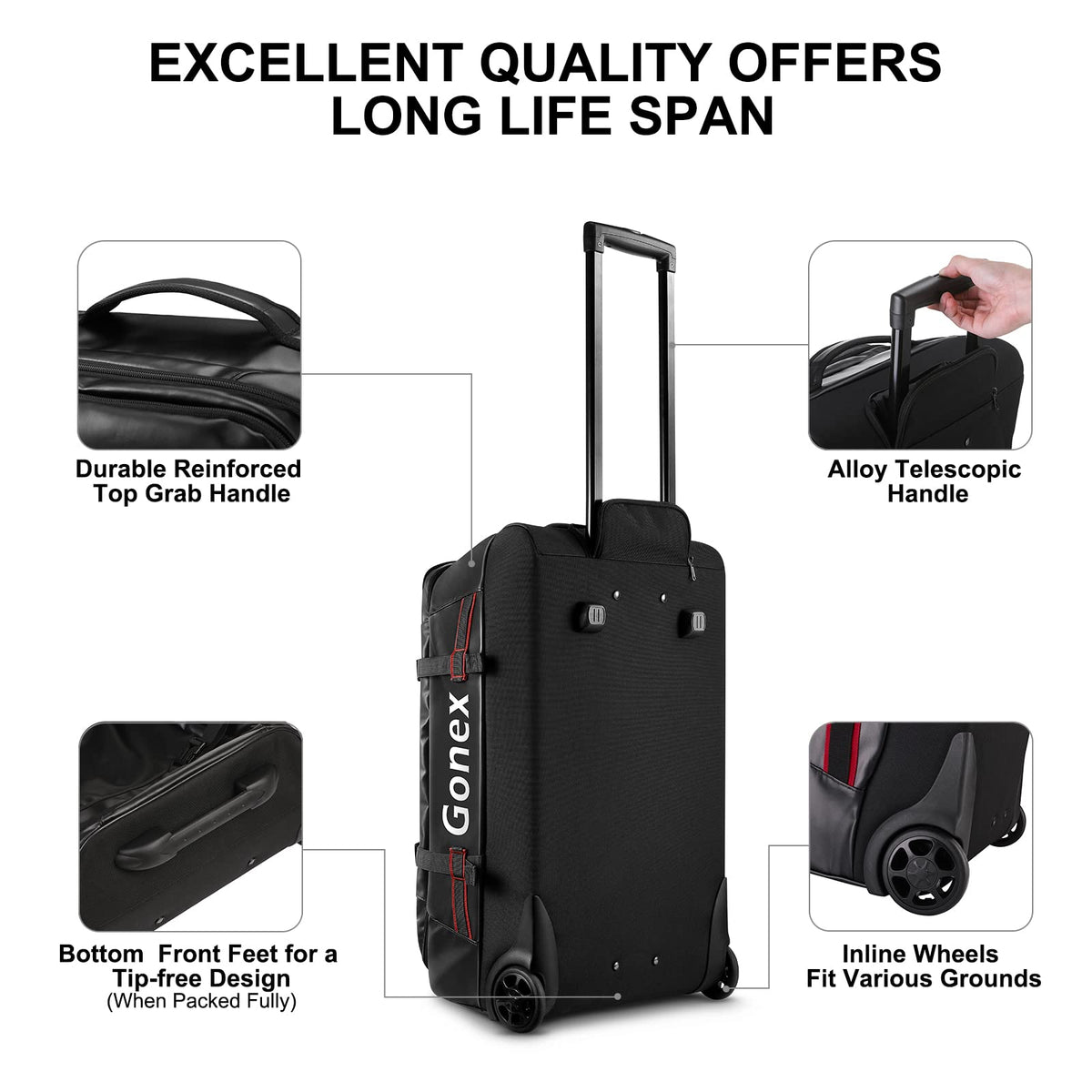 Gonex Rolling Duffle Bag with Wheels, 70L Water Repellent Wheeled Travel Duffel Luggage with Rollers 25 inch, Black