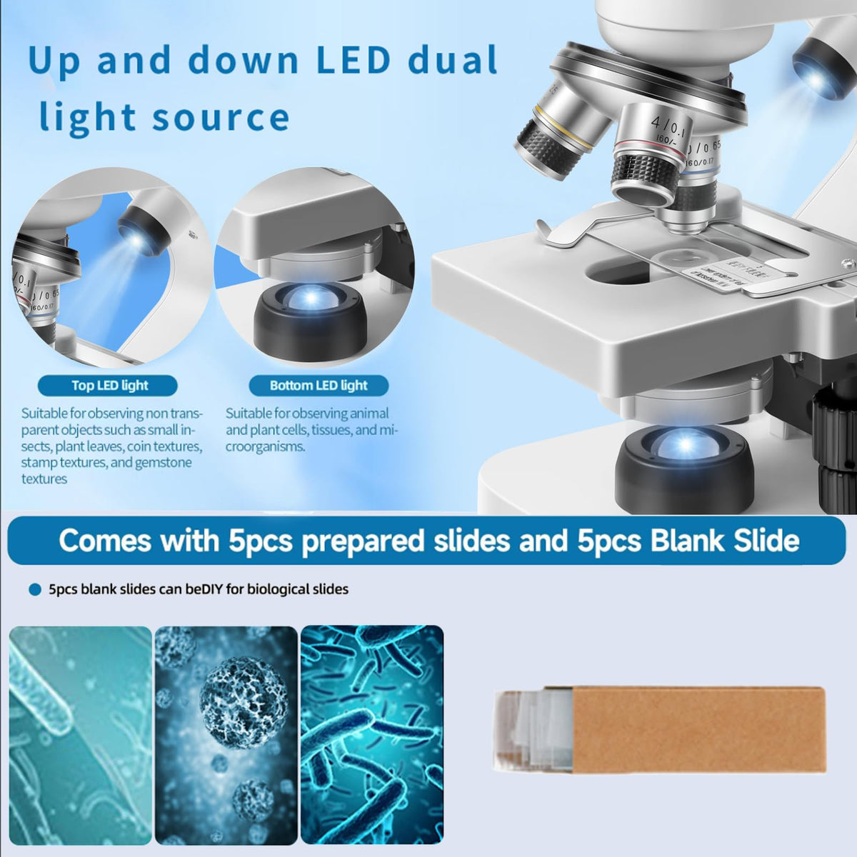 Trinocular Microscope 40x-2000x Magnification Double-Layer Stage with LED Lights on top and Bottom, Thick and Thin Dual Focusing knobs, Professional Biological Microscope (WiFi Electronic Eyepiece)