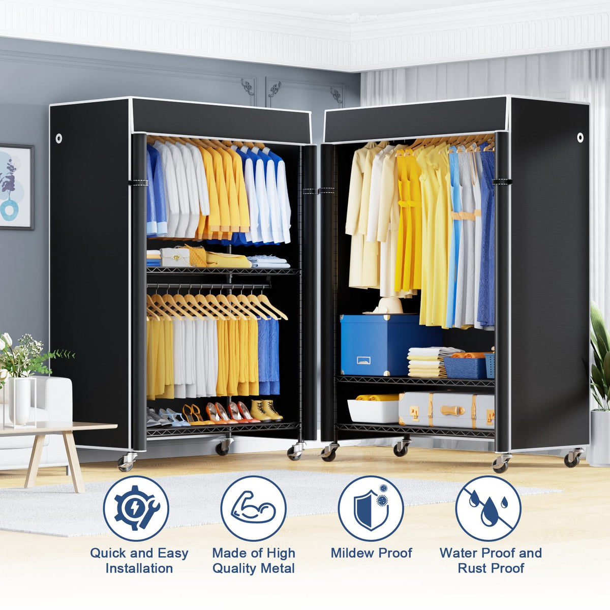 ULIFHOME P8C Pro Heavy Duty Clothes Rack（With Extended Width Design） Rolling Clothing Racks for Hanging Clothes with Lockable Wheels，42" W x 15.8" D x 80.5" H，Load 700LBS，Black Rack with Black Cover