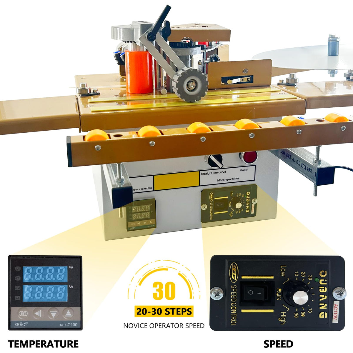 DEVALLEY Portable Woodwork Edge Bander Banding Machine,Automatic Tape Breaking Adjustable Speed Edge Banding Machine Curve Straight Edge Bander Control With Microcomputer Intelligent Temperature
