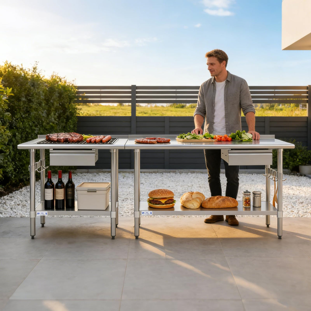 Hally Stainless Steel Prep Table 24 x 48 Inch with Backsplash, NSF Certified Commercial Work Table with Drawer, Removable Stainless Steel Pan, Undershelf and Side Hook for Restaurant, Home, Garage
