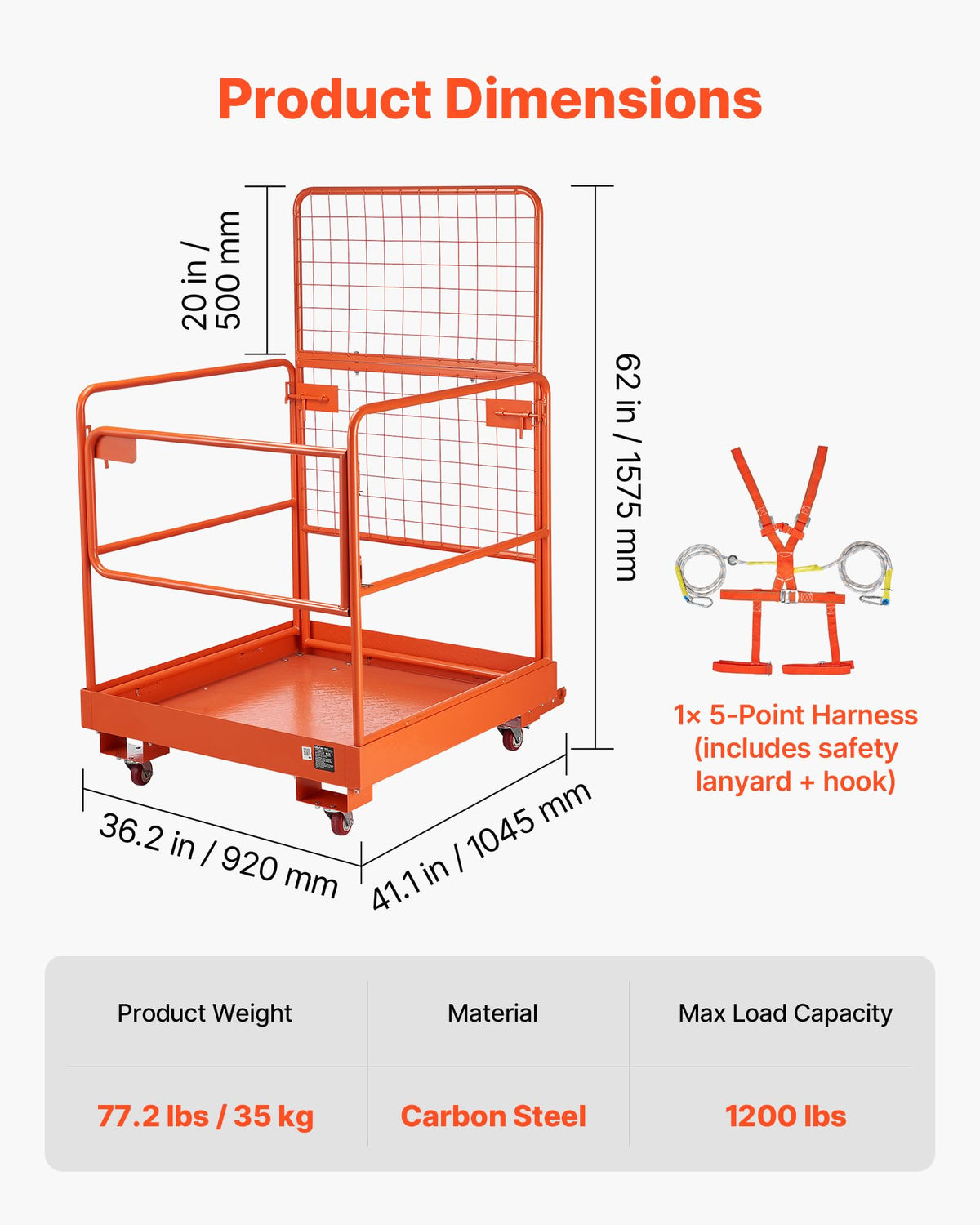 VEVOR Forklift Man Basket, 36.2 x 41.1 Inch Forklift Safety Cage with 4 Wheels, 1200 lbs Capacity, Heavy Duty Work Platform Collapsible Lift Basket, Safety Harness, for Aerial Work Lifting Loader