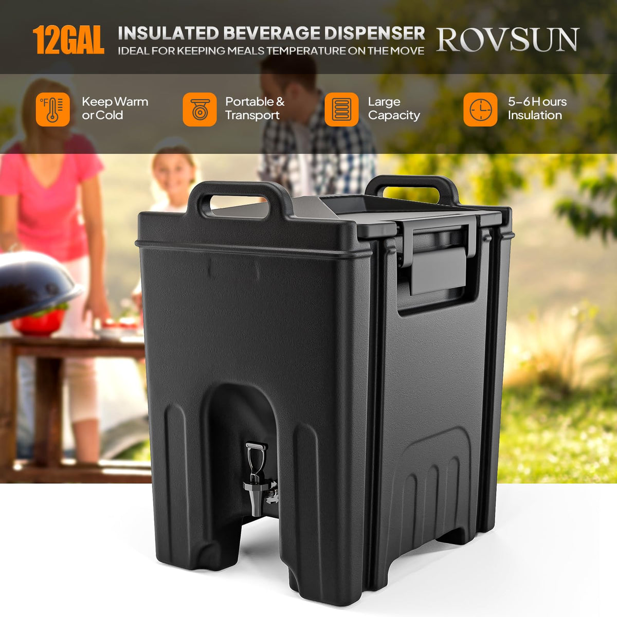 ROVSUN 12Gallon Insulated Beverage Dispenser, Ice and Hot Drink Server w/Handles, Faucet & 50 Cups, Food-grade LLDPE Drink Dispenser, Hot and Cold Beverage Server for Party Catering Event Restaurant
