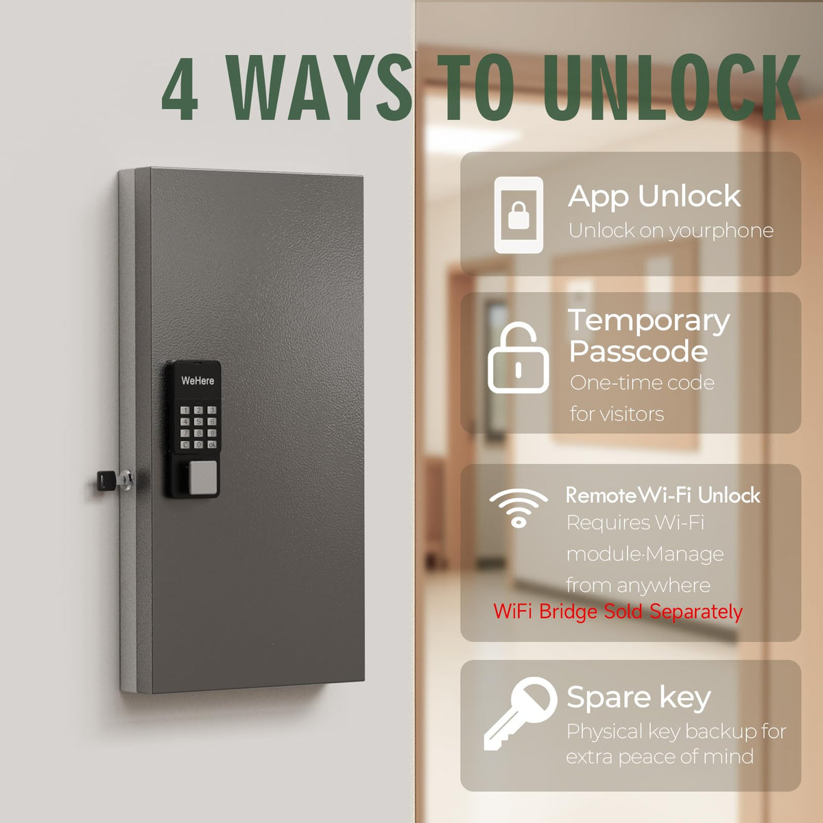 WeHere 48-Key Smart Key Lock Box Wall Mount – Commercial Key Cabinet with App, Keypad, Bluetooth & WiFi Unlock (Sold Separately), Access Log Tracking, Key Management System for School, Rental, Office