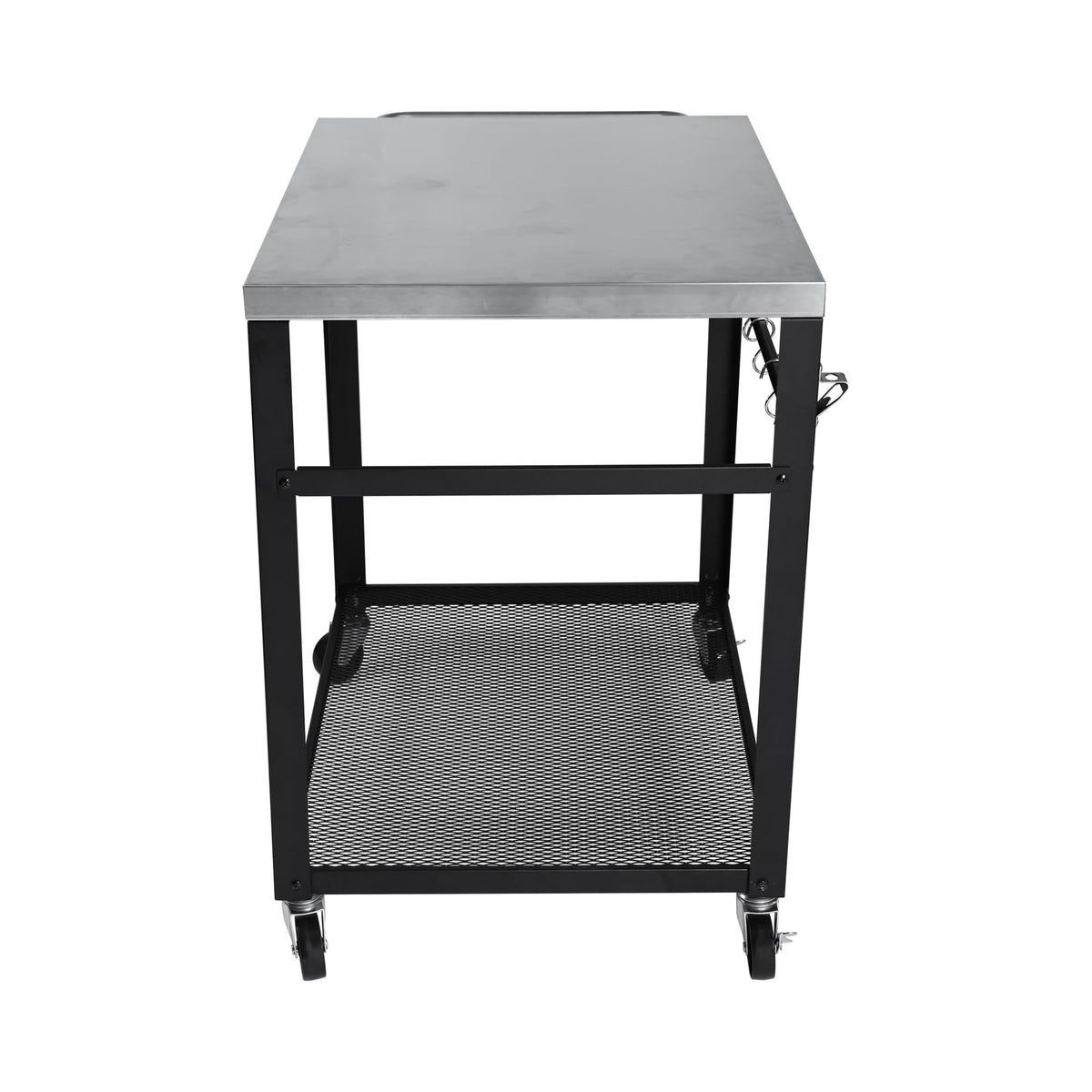 KEIKI 2-Tier Outdoor Grill Cart Table with 4 Wheels, Tool Hooks, Mesh Shelf, Movable BBQ Cooking Prep Table, Pizza Oven Table, Serving Bar Cart for Backyard, Indoor, Outside, Kitchen, Stainless Steel