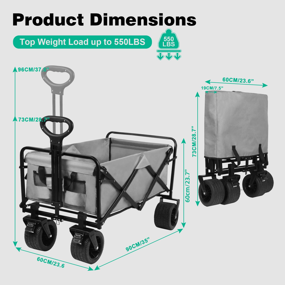 MMQ Heavy-Duty Folding Wagon with 550lbs Weight Capacity, Collapsible Wagon with Big Wheels - Robust Construction, Spacious Interior, Adjustable Rolling Carts, Outdoor Folding Camping Wagons, Portable