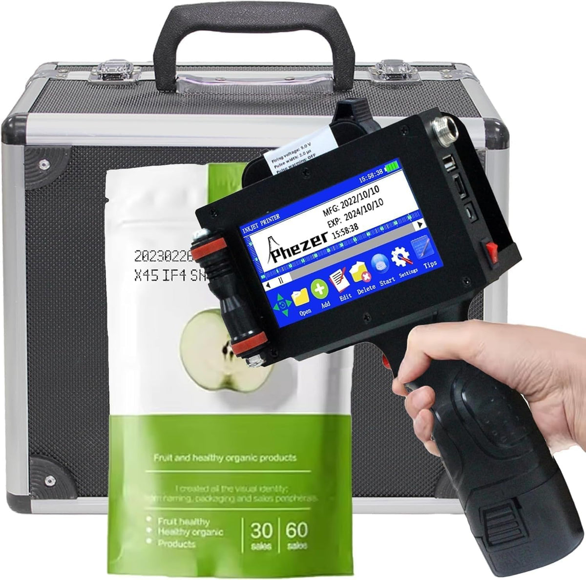 Phezer P16-1 Handheld Inkjet Printer, Printing Height 1 Inch with 72ml Solvent Ink Cartridge, Portable Intelligent Coding Machine for Expiry Date/Time/Barcode/QR Code/Logo (Metal Body)