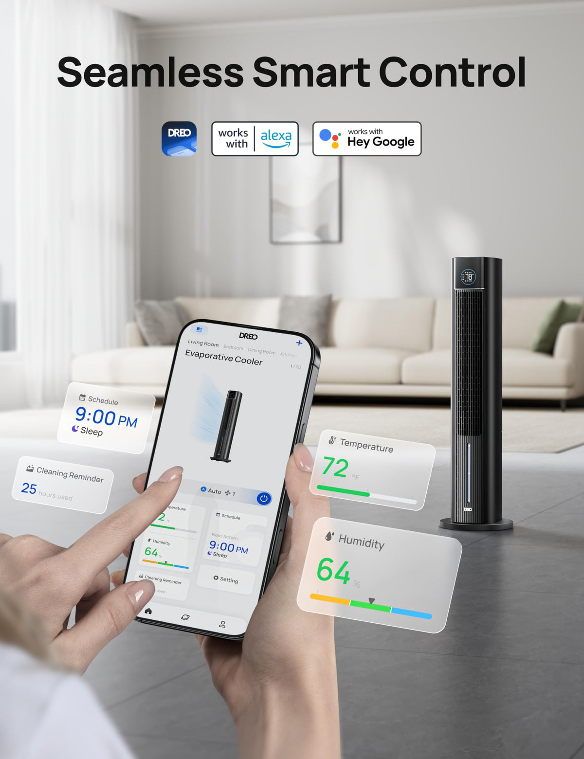 DREO Evaporative Air Swamp Cooler, 43" Cooling Fans that Blow Cold Air 2026 Upgraded, 80° Oscillating Floor Fan for Bedroom, Easy Cleaning, APP Control, Ice Packs, 4 Speeds & 4 Modes, 12H Timer, Black