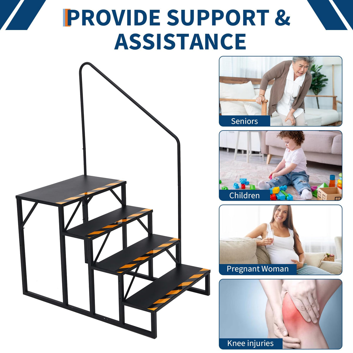 BouPower RV Steps with Handrail, 4 Steps RV Stairs w/Handrail, Wide Platform Steps for Hot Tub, Camper, Mobile Home & Porch, Safe Access for Elderly, Kids & Pets, Indoor/Outdoor Use