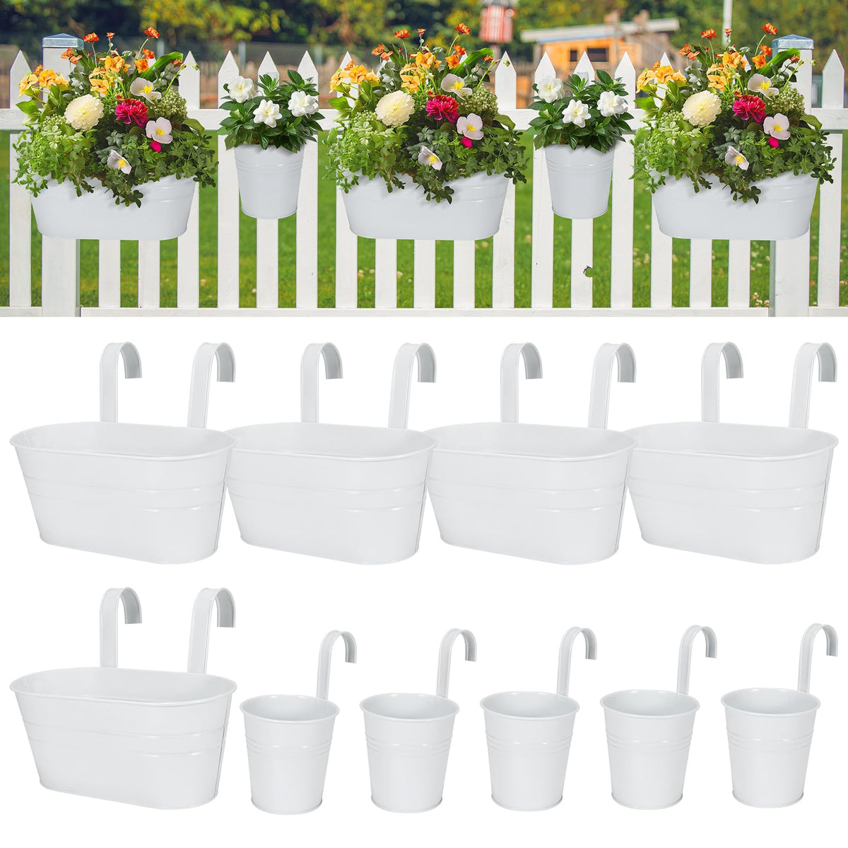 HowRU Metal Iron Flower Pots for Railing Fence Hanging Bucket Pots(5 Pcs) and Hanging Flower Pots Metal Iron Bucket Planter(10 Pcs) (White)