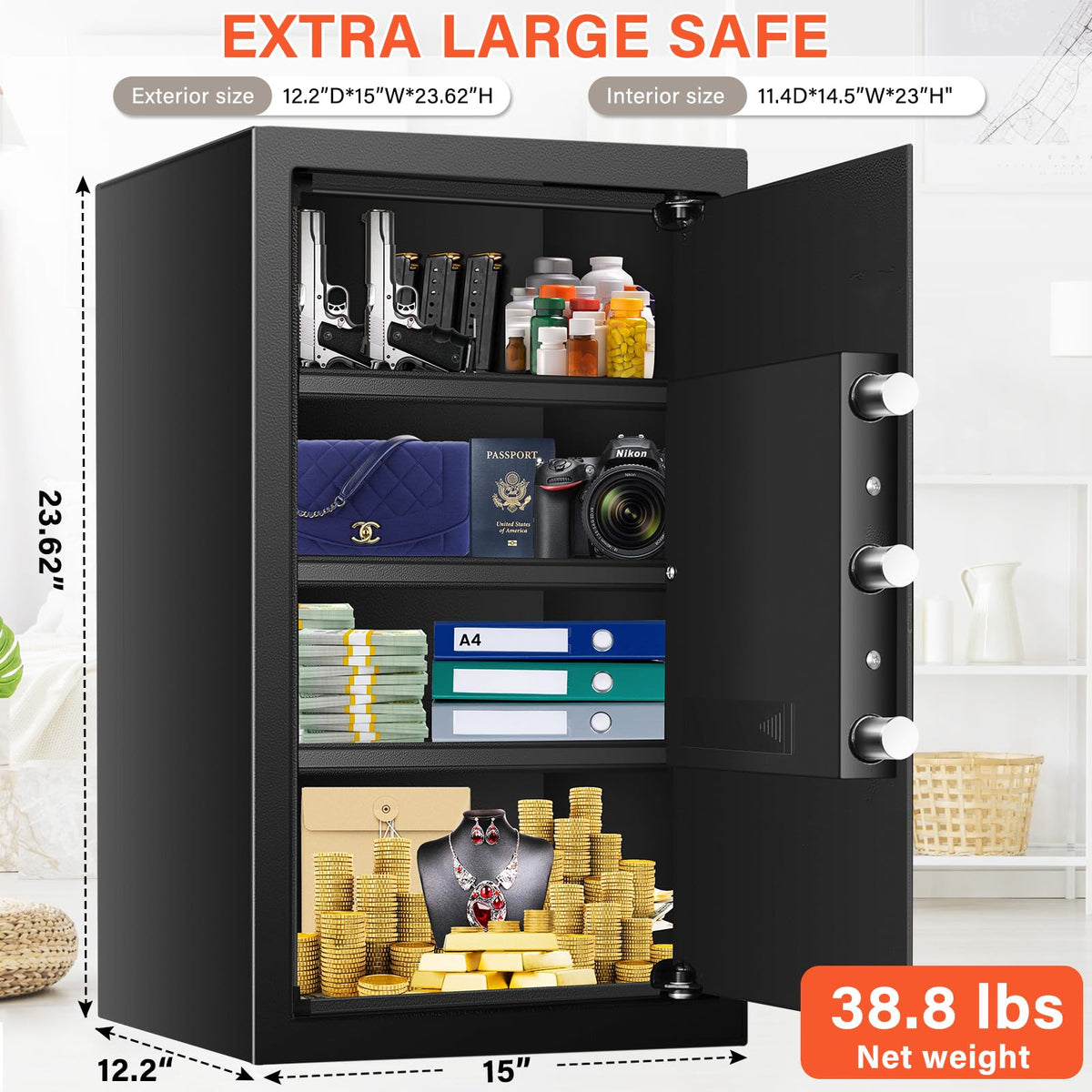Mitlvge 23.62'' Tall Extra Large Safe Box, 5.0 Cu Ft Home Safes with Fireproof Waterproof Bag, Digital Keypad and 3 Removable Shelf, Security Box with Smart Alert for Money Medicines Jewelry Valuables