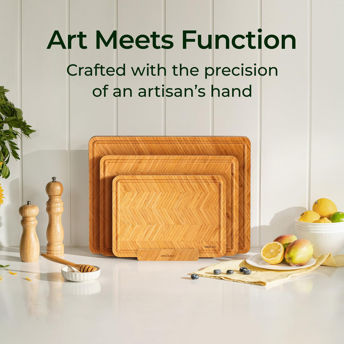 Keechee Bamboo Cutting Board, Reversible Wood Cutting Boards for Kitchen with Juice Grooves, Atelier Collection Handcrafted Large Serving Tray, Luxury Housewarming Wedding Gifts for New Home