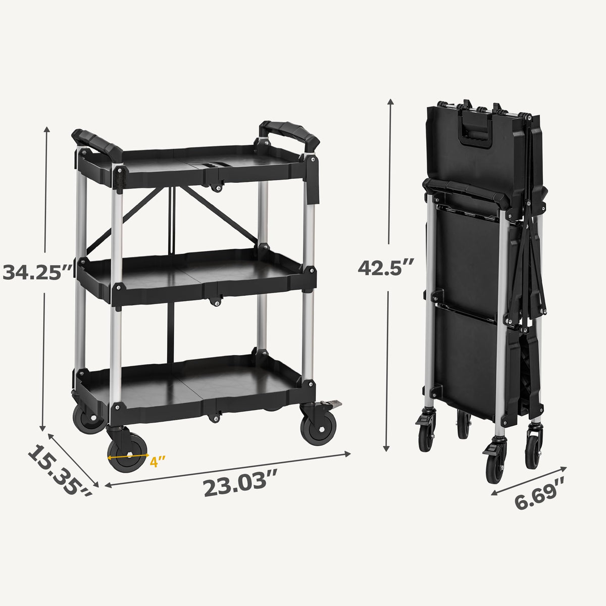 DWVO 3-Tier Folding Utility Cart, Foldable Service Cart Heavy Duty Collapsible Rolling Cart with 360° Swivel Wheels and Brake, 350LBS Load Capacity Portable Utility Cart for Kitchen, Warehouse, Garage