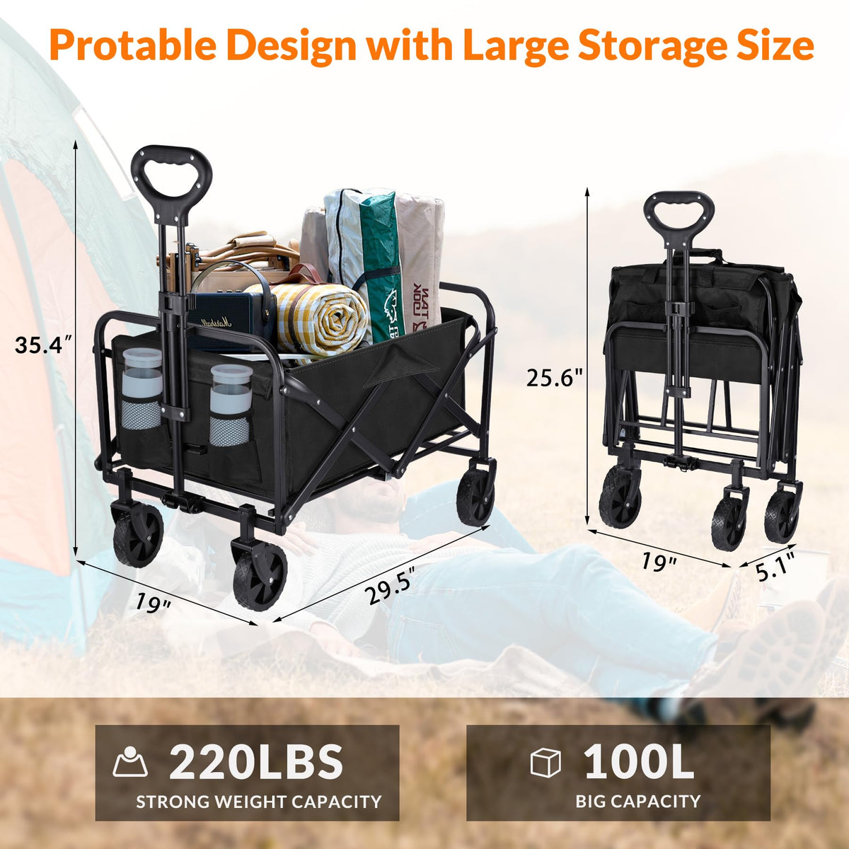 Collapsible Foldable Wagon Cart,Utility Beach Cart with Drink Holders Large Capacity Protable Grocery Wagon for Garden Shopping Outdoor Camping (Black, 250lbs)
