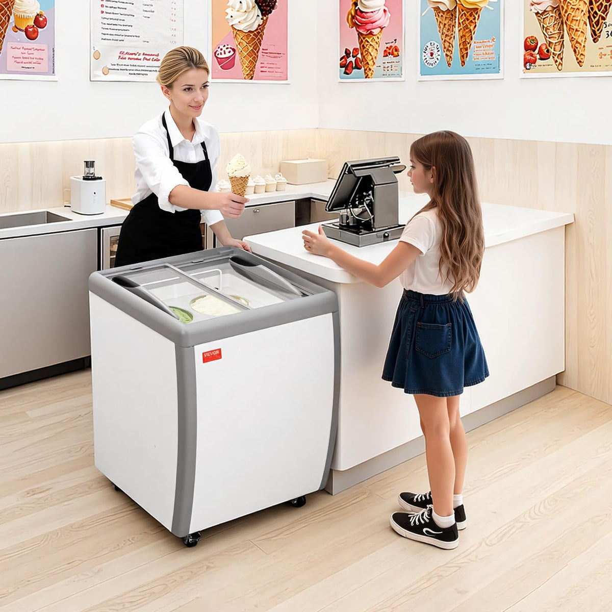 VEVOR Commercial Ice Cream Display Case, 5.6 Cu.ft Chest Freezer, Restaurant Gelato Dipping Cabinet Top Deep Freezer with Locking Casters, Sliding Glass Door, LED Lighting, Hold 4 Ice Cream Tubs