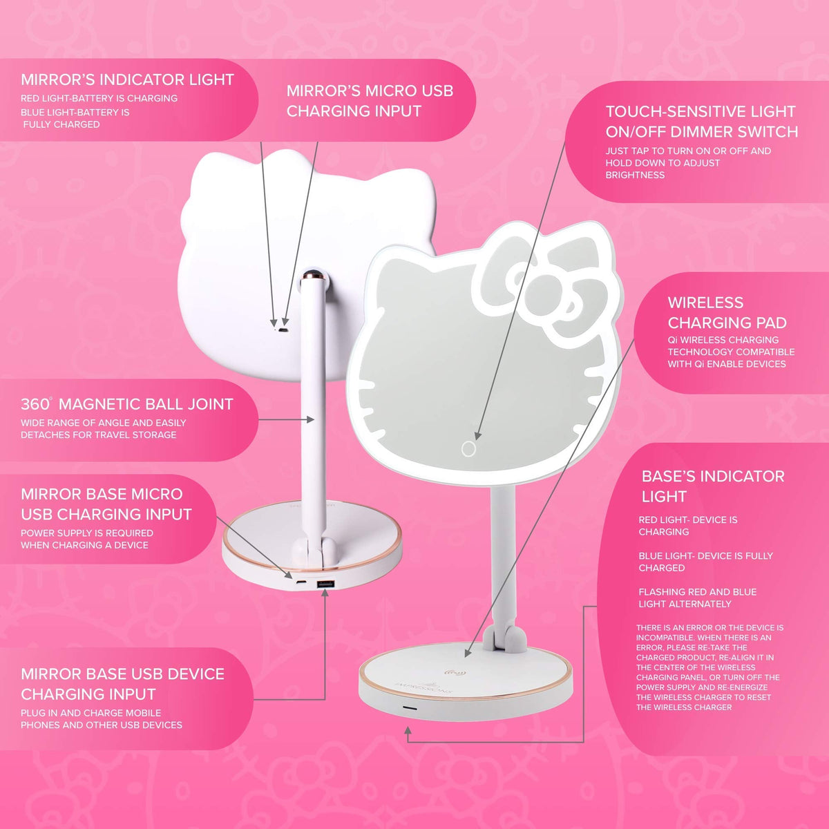 Impressions Vanity Hello Kitty Tabletop Mount LED Cordless Makeup Mirror with 360 Degree Rotation, Touch Sensor Desk Mirror with Light Strip and Adjustable Brightness
