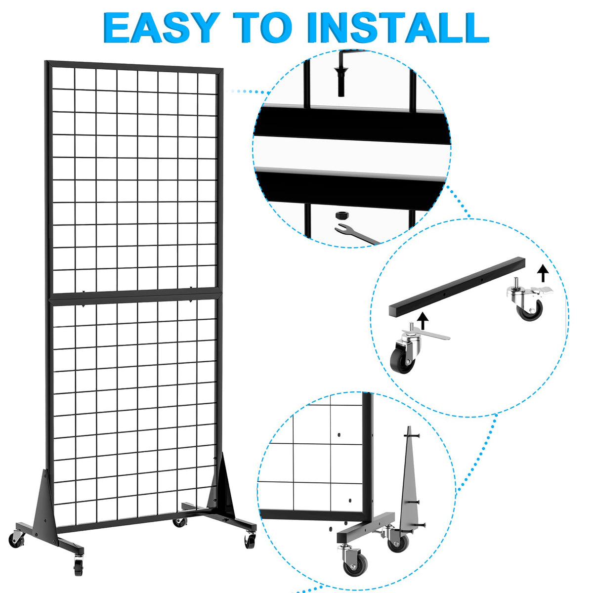QKOSMTL 3-Pack Gridwall Panel Display Stand, 2'x5.5' Heavy Duty Floor Standing Rack with Detachable Girdwall, Movable Silent Wheel, Easy to Transport, Ideal for Retail & Craft Fairs