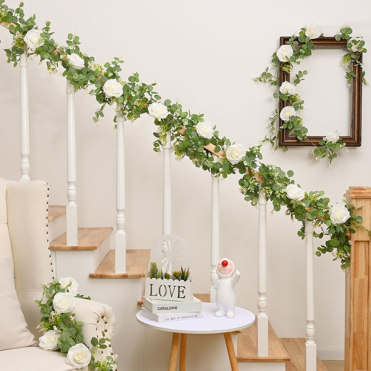 Dolicer 4Pcs 26Ft Artificial Eucalyptus Garlands with Flowers - 8 Roses, Faux Floral Greenery Garlands Fake Flowers Vines for Wedding Table Centerpieces Arch Party Ceremony Backdrop Decor (White)
