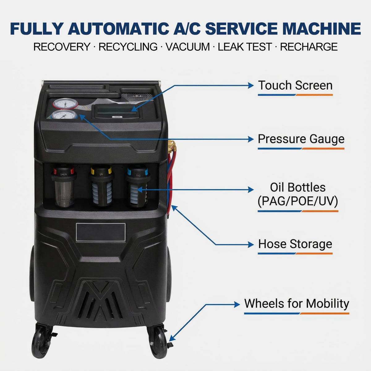 MutsMover Fully Automatic R134a or R1234yf Refrigerant Recovery Recycling and Recharge Machine, Touch Screen AC Service Unit w/Vacuum Pump, Leak Test, Oil Injection, for Automotive A/C Systems