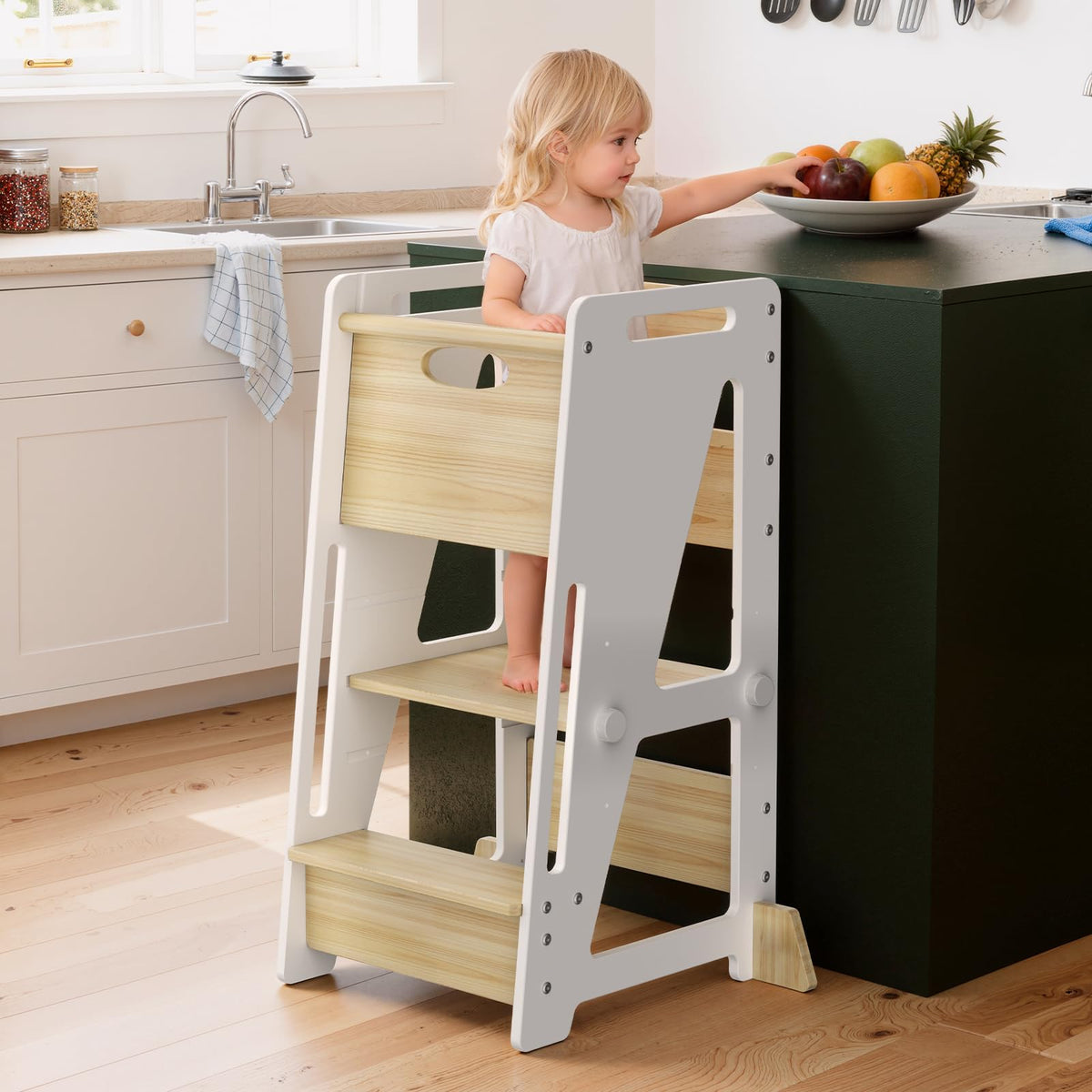 Toddler Standing Stool with Sliding Door, 3-Height Adjustable Kitchen Step Stool for Kids, Sturdy Wooden Learning Tower with Non-Slip Feet, Ages 18 Months–6 Years, White
