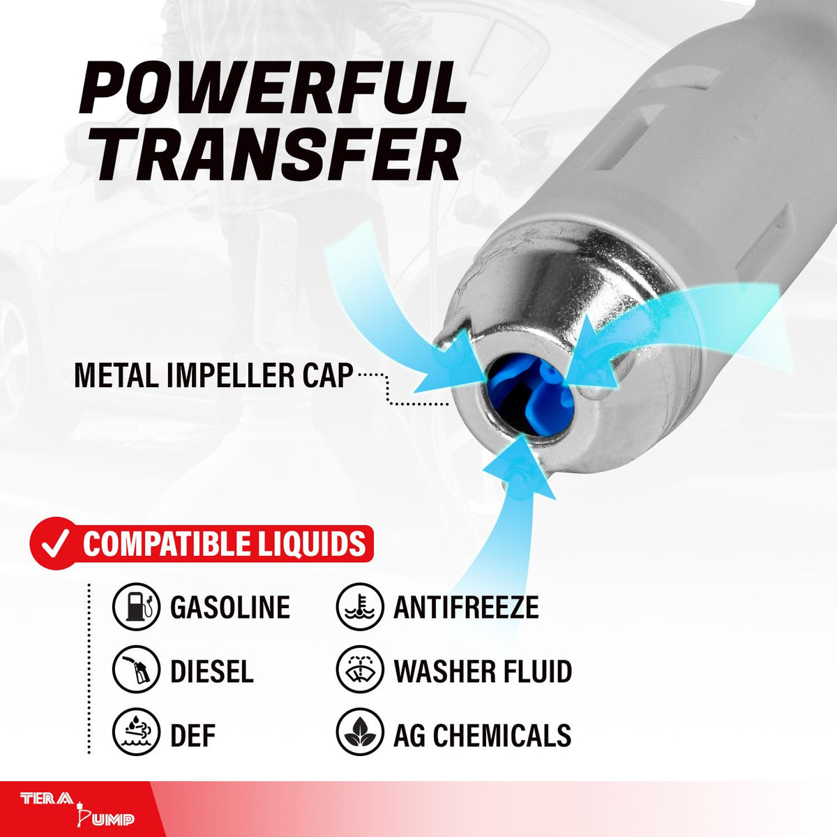 TERA PUMP 2nd Gen. 2.7 GPM Drum Pump USB Rechargeable Barrel Pump Extra Long Discharge Hose For E15, E85, DEF, Kerosene, Gasoline, Diesel, Light Oils, Detergents