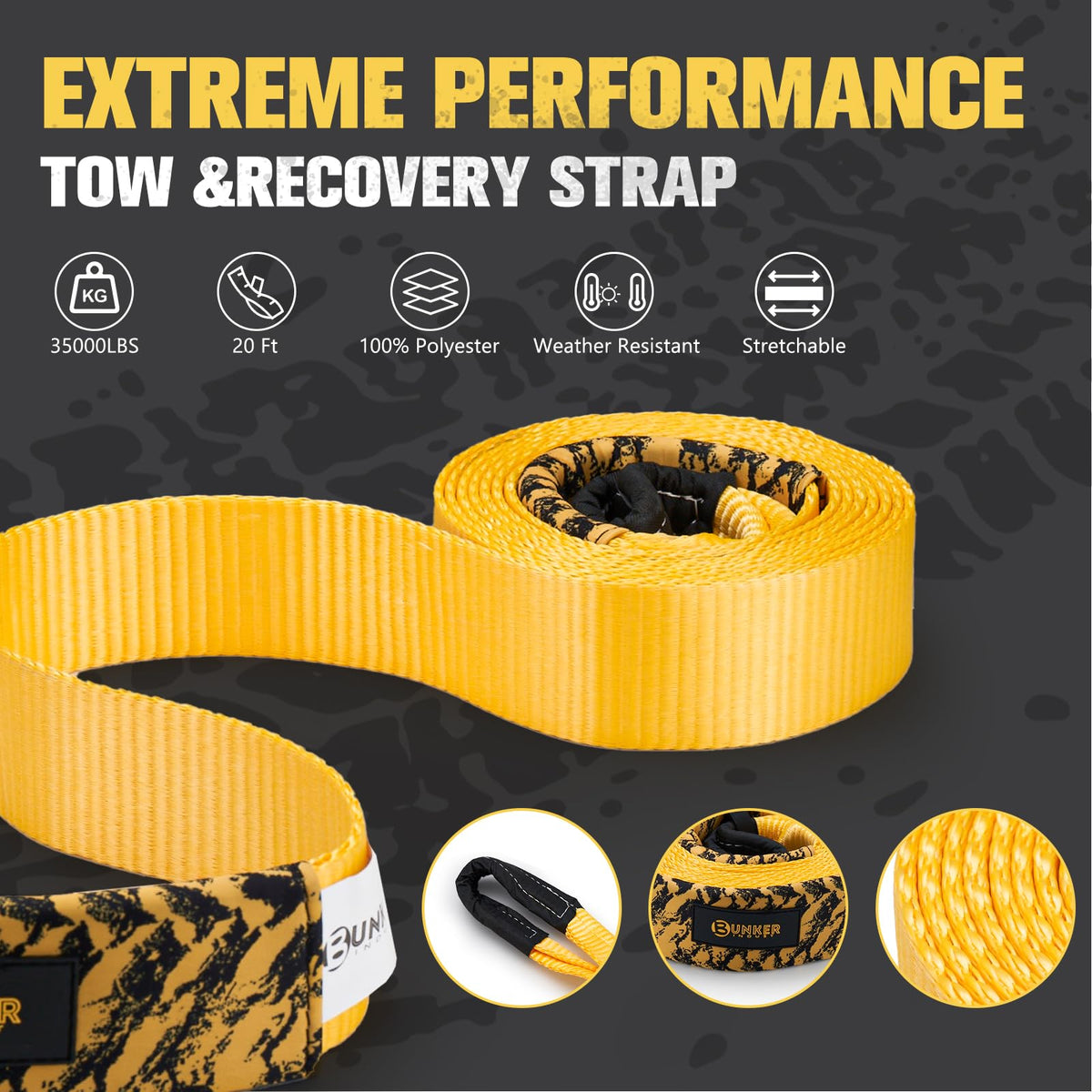 BUNKER INDUST Offroad Traction Boards with Jack Base (Grey) + 3" x 20ft Recovery Straps + Pair 3/4 D Ring Shackles + Bag 35,000 lbs Tree Saver Winch Strap