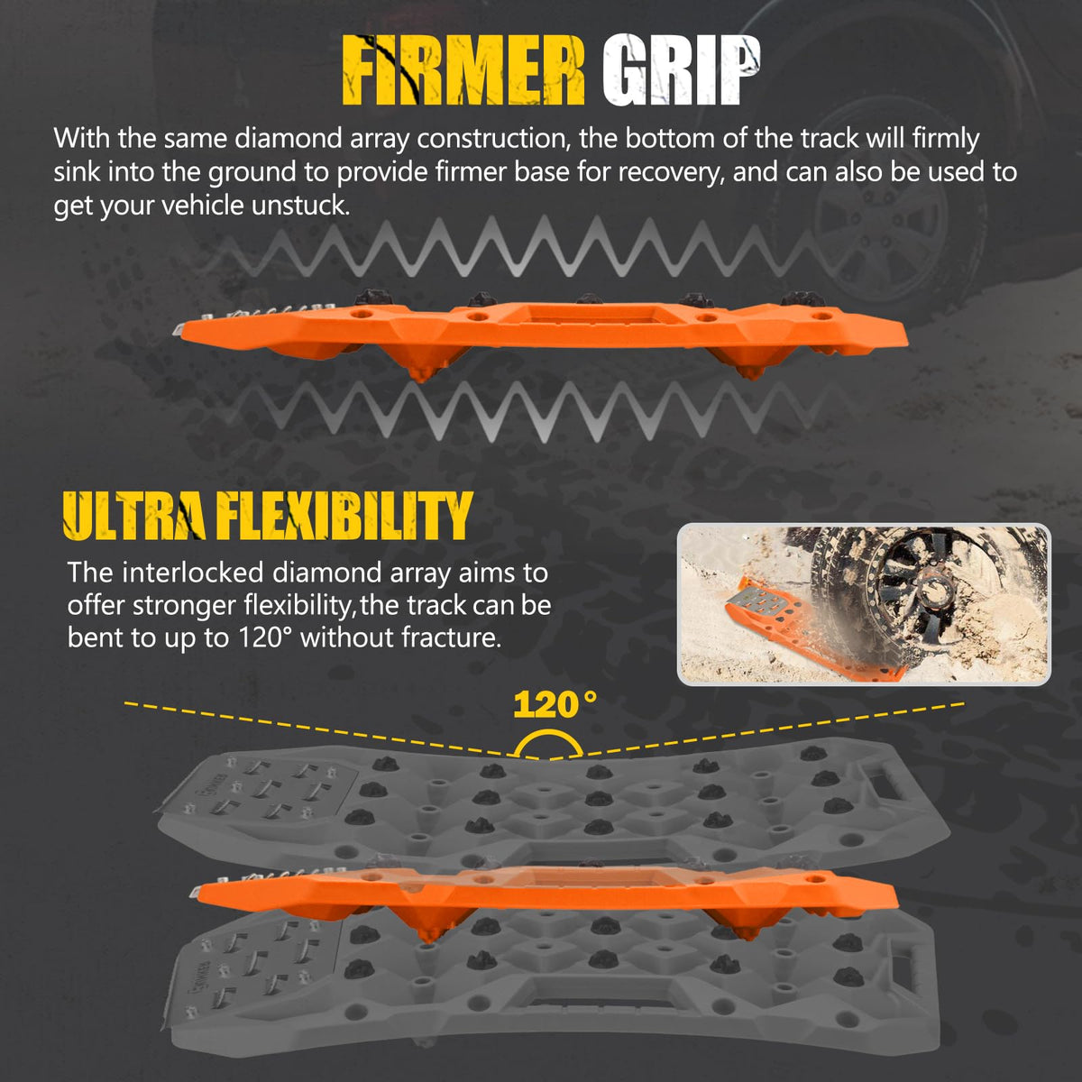 BUNKER INDUST Offroad Traction Boards with Jack Base, Pair Portable Recovery Track Tire Traction Mat - Orange Sand,Mud,Snow Tracks(Replaceable Dual Colors Teeth/Rugged Steel Plate), Gen 12th