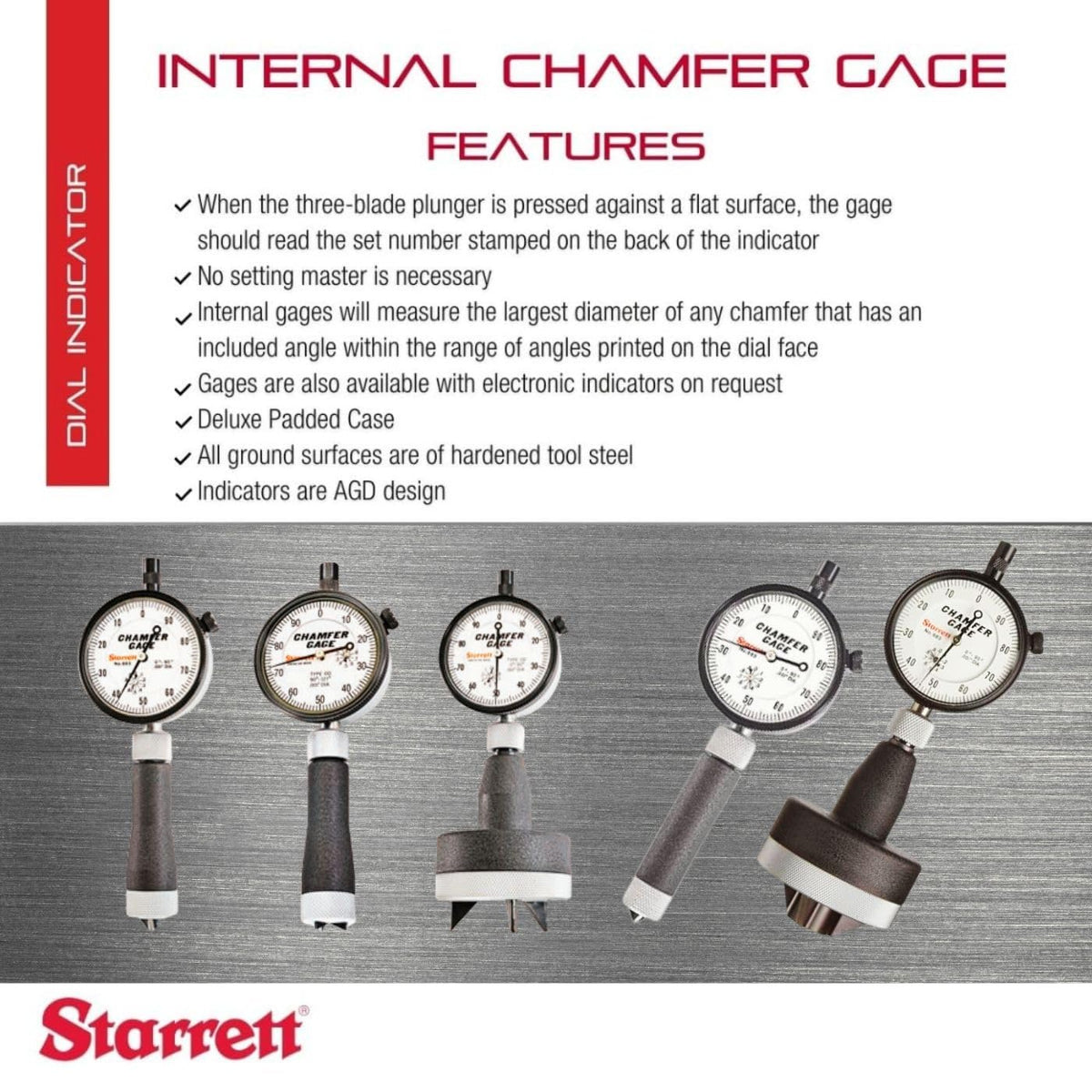 Starrett Inch Reading Dial Indicator Internal Chamfer Gage - for 90-127 Degrees Angles - 0-1" Range, Deluxe Padded Case - 684-3Z