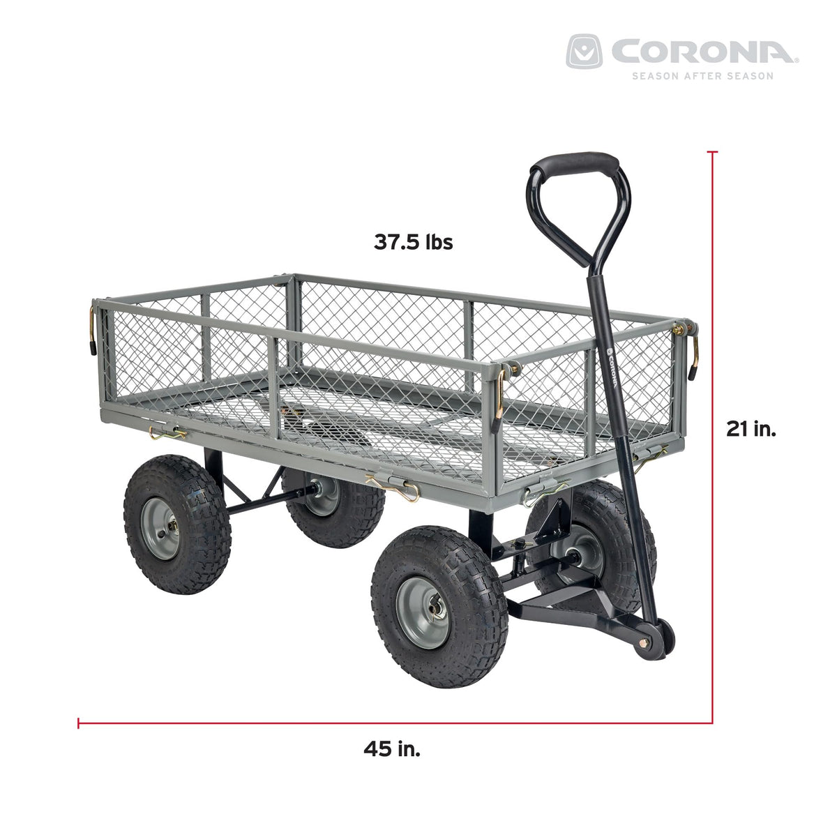 Corona Metal Landscape Cart 400 Pound Capacity Fold Down Sides 10 Inch Pneumatic Tires for Yard, Gardening, Bark, Planting