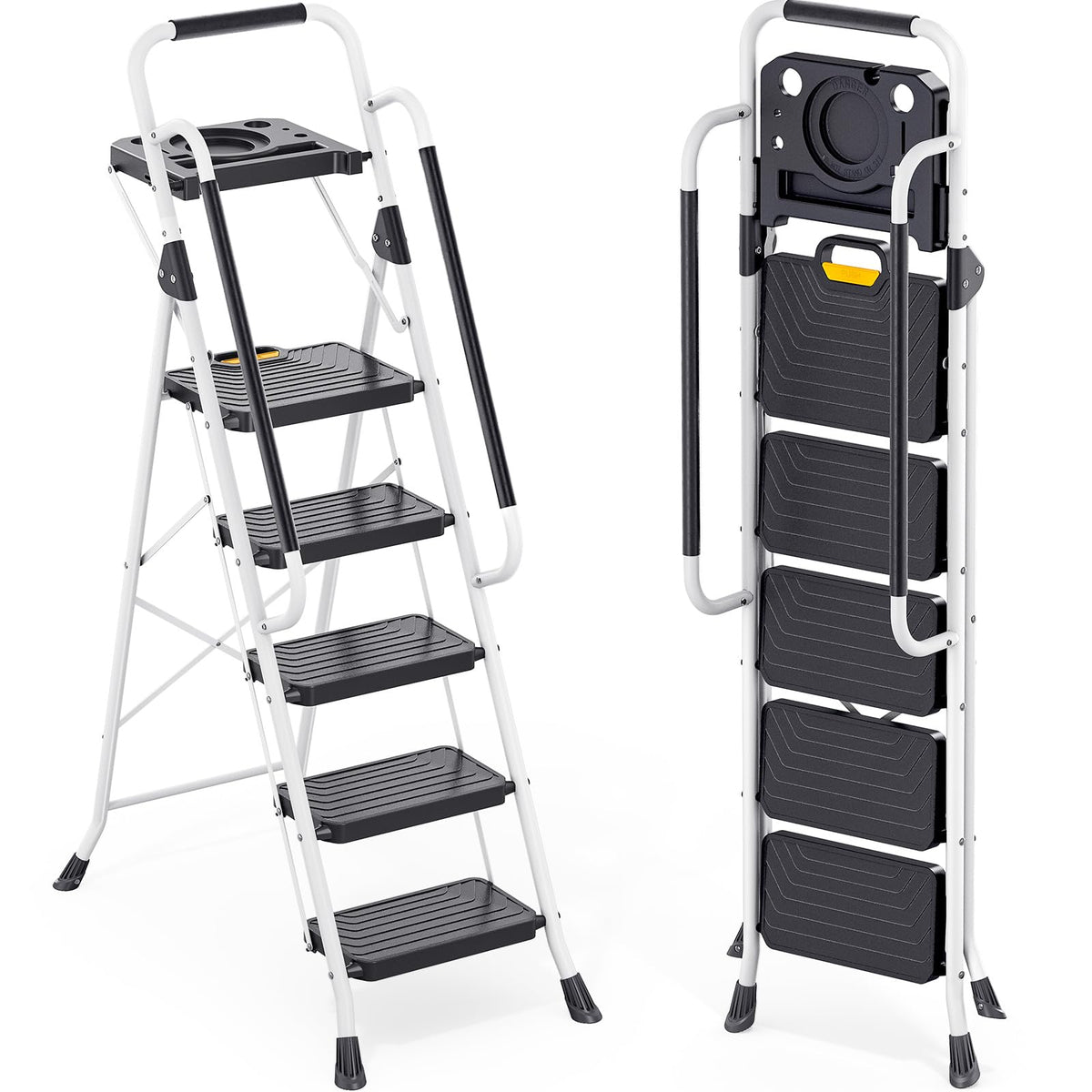 TOOLF 5 Step Ladder, Sturdy Steel Step Stool with Tool Platform, Anti-Slip Wide Pedals, Handrail, Safe-Lock Design, Folding Portable Ladder for Home, Kitchen, Pass 800lbs Load Testing, White
