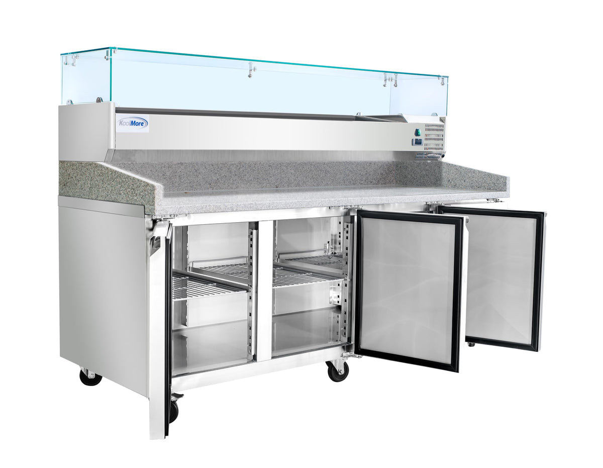 KoolMore 79 in. Three-Door Commercial Granite Top Pizza Prep Refrigerator with Refrigerated Condiment Pan Holder in Stainless-Steel (KM-RPCPS-2D79-GRT)