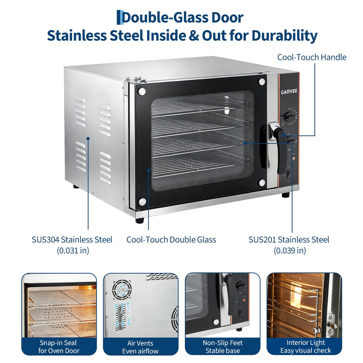 Commercial Countertop Convection Oven, 68L /60Qt 4-Tier Toaster Air Fryer, Stainless Steel Baking Roaster with Front Glass Door, 1440W, 30°c-300°c, Trays, Wire Racks, US Plug, 1.5m Cord, YS-CCO-120