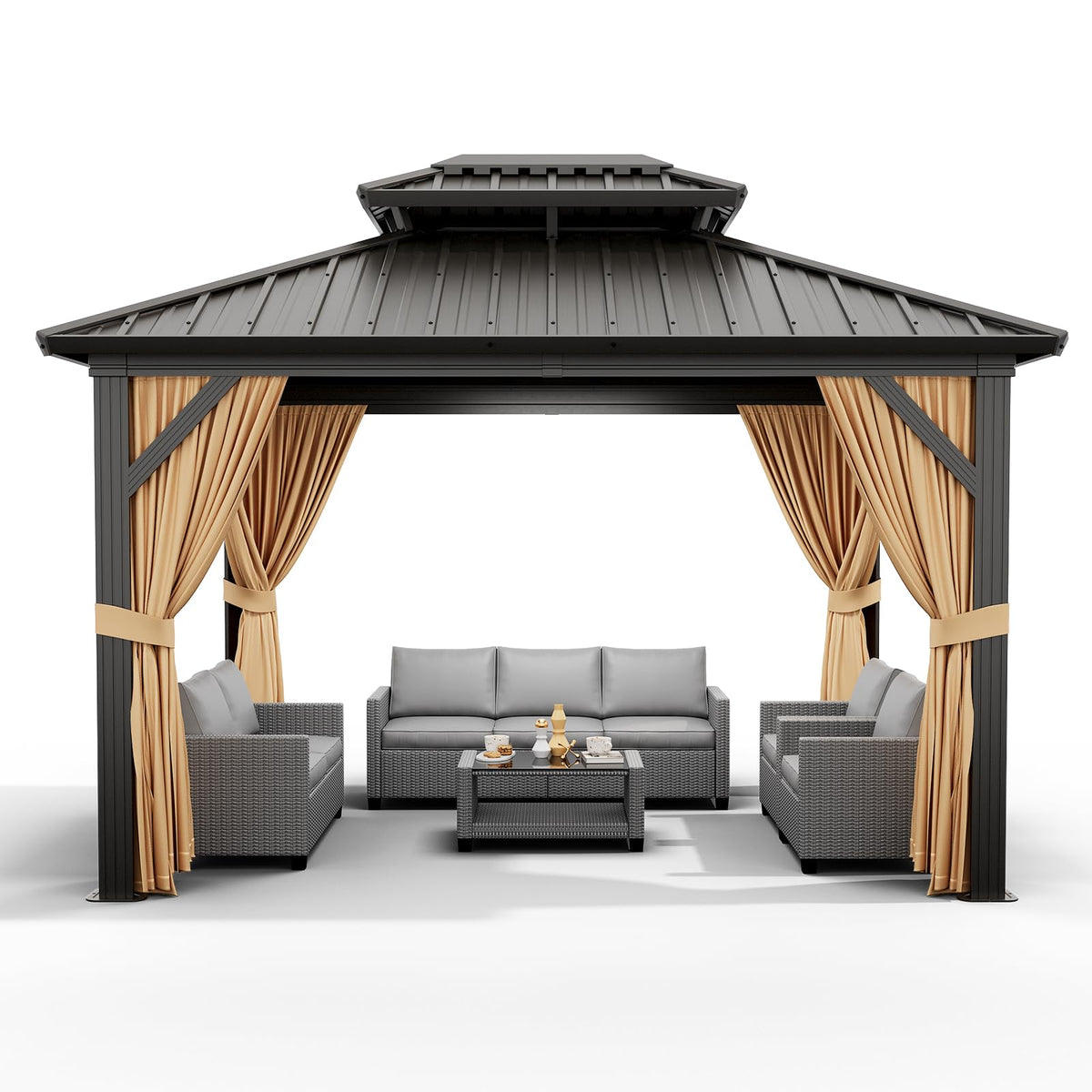 12'x10' Hardtop Gazebo, Heavy Duty Aluminum Permanent Hardtop Gazebo Outdoor Pavilion with Curtains and Netting for Garden