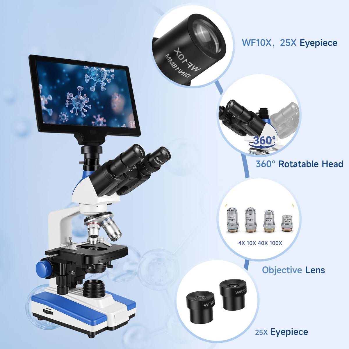 Lab Compound Trinocular Microscopes 40X-2500X Magnification with10 inch LCD,6MP Electronic Eyepiece, 0.5X CTV High Definition Adapter,Two-Layer Mechanical Stage,10X 25X Eyepiece