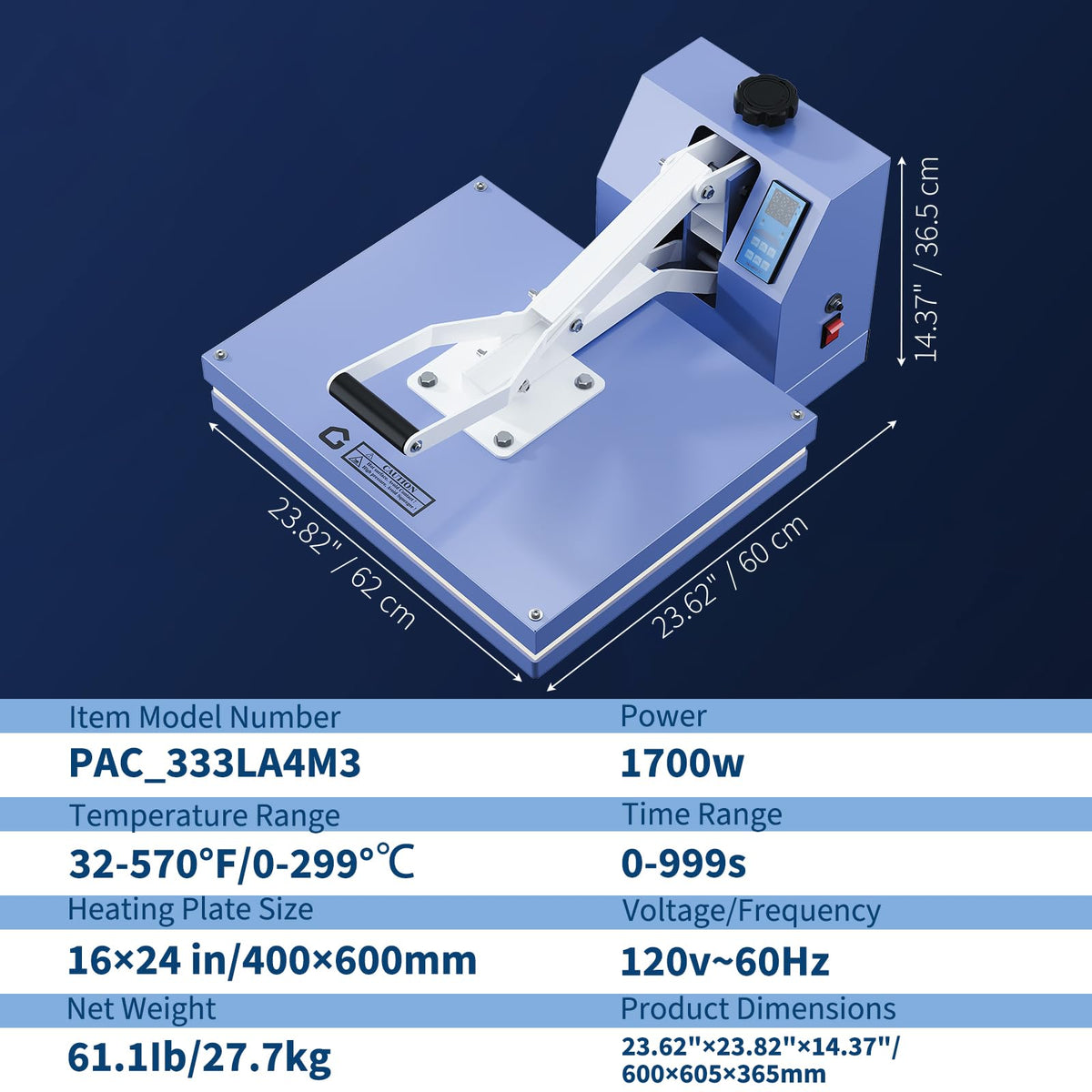 16x24 Heat Press, Heat Press Machine, Even Heating Technology, Large Operating Panel, Industrial Digital Heat Transfer Machine Sublimation for T-Shirts, Clothes, Canvas Bags, Baby Blue