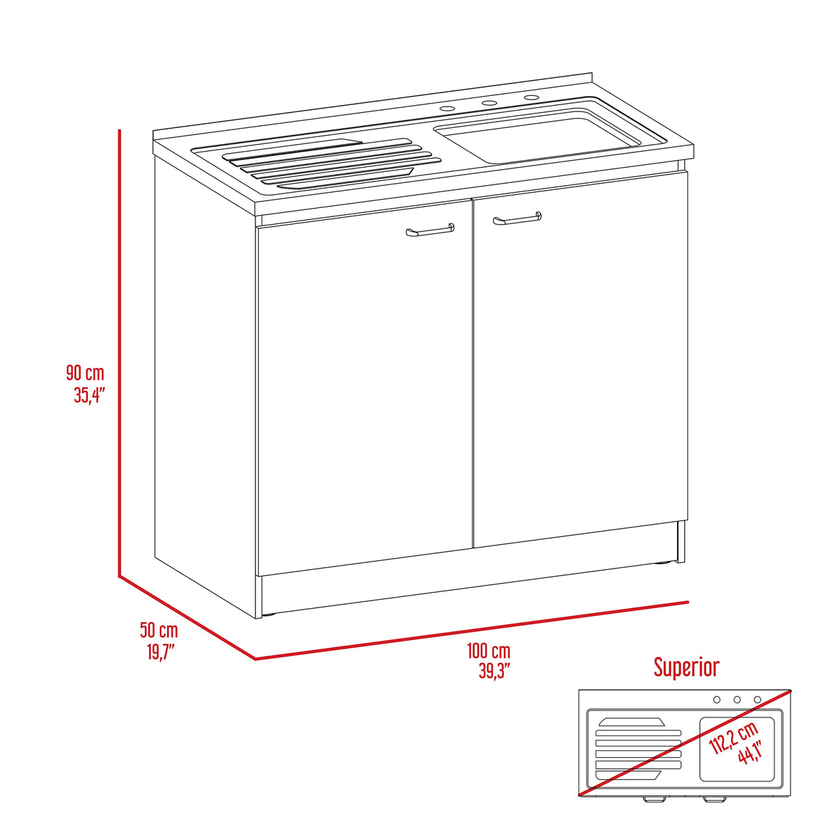 DEPOT E-SHOP Salento Utility Freestanding Sink with Cabinet 35.4" H x 39.3" W - Double Door, Two Shelves, Metal Handles, Aluminum Countertop, White, with Integrated Steel Sink