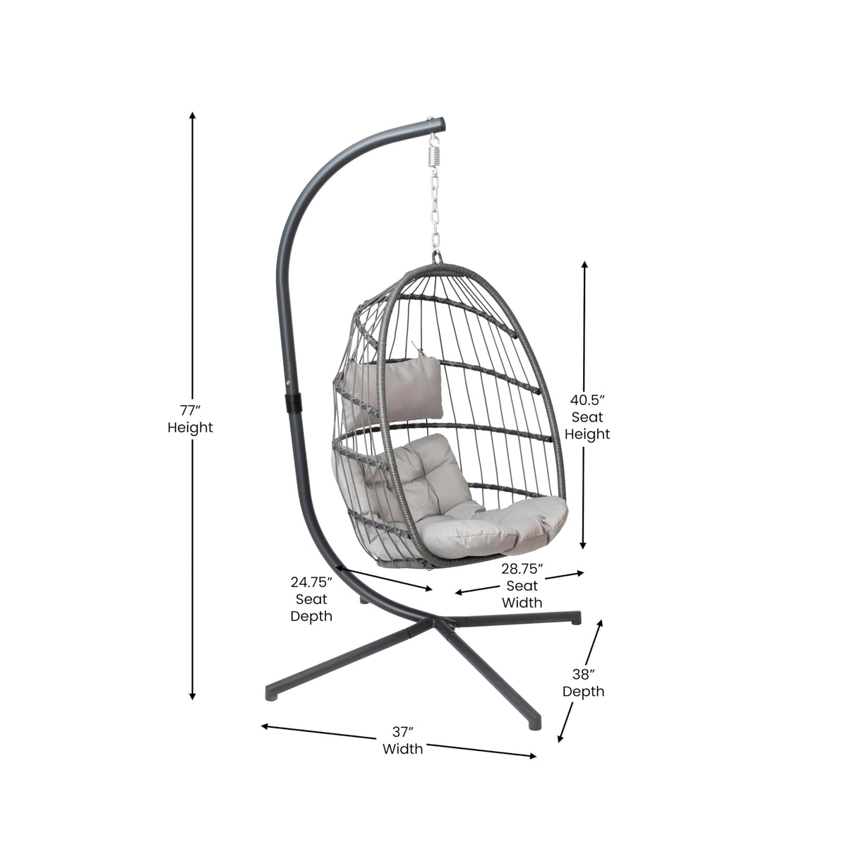 Flash Furniture Cleo Indoor/Outdoor Patio Hanging Egg Chair - Gray Frame with Gray Seat Cushions - Black Powder Coated C-Style Stand - Hanging Hardware Included